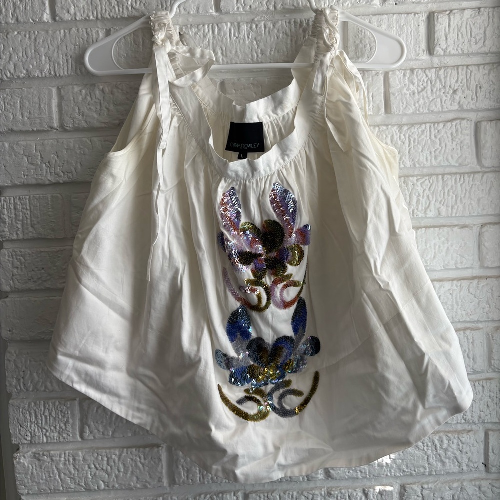 Cynthia Rowley Cream Halter Camisole with Multicolor Sequin Motif